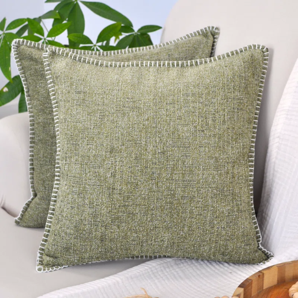 Set of 2 olive green chenille throw pillow covers with hidden zippers and soft velvet-like texture – 20x20 inch reversible decorative cushion covers for sofas, beds, and cozy home décor