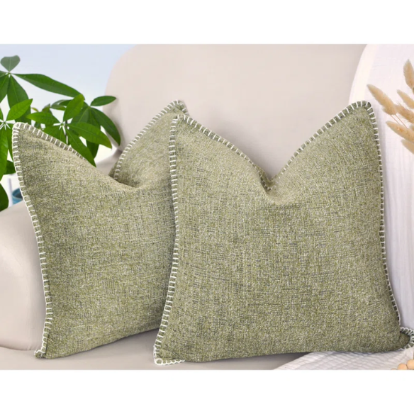 Set of 2 olive green chenille throw pillow covers with hidden zippers and soft velvet-like texture – 20x20 inch reversible decorative cushion covers for sofas, beds, and cozy home décor