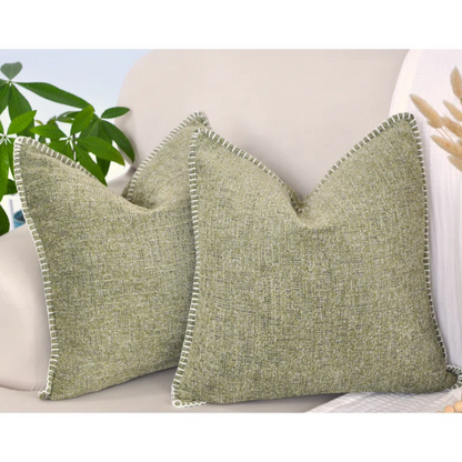 Set of 2 olive green chenille throw pillow covers with hidden zippers and soft velvet-like texture – 20x20 inch reversible decorative cushion covers for sofas, beds, and cozy home décor