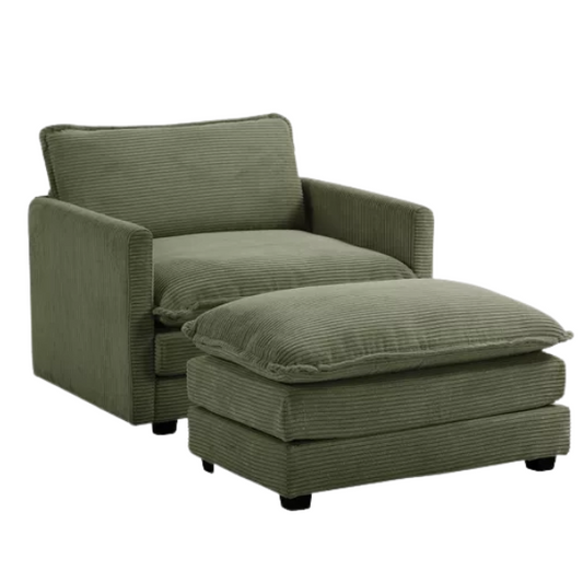 Olive green corduroy accent chair with matching ottoman, featuring plush high-pile fabric, supportive foam cushions, and a durable wood and metal frame.