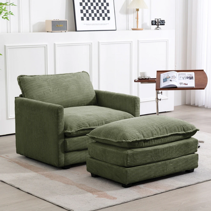 Olive green corduroy accent chair with matching ottoman, featuring plush high-pile fabric, supportive foam cushions, and a durable wood and metal frame.