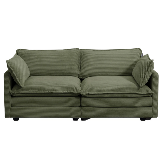 Olive green corduroy loveseat sofa with plush upholstery and modern design, comfortably seating two—perfect for small living spaces, bedrooms, or home offices.