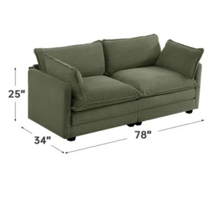Olive green corduroy loveseat sofa with plush upholstery and modern design, comfortably seating two—perfect for small living spaces, bedrooms, or home offices.