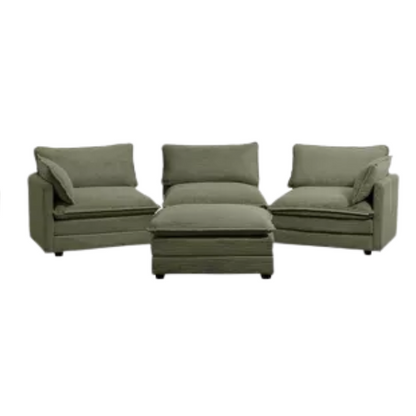 Three-Seater Olive Green Corduroy Modular Sectional Sofa with Ottoman – Plush high-pile fleece upholstery, pet-friendly design, movable ottoman, and customizable layout for modern living spaces.