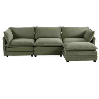 Three-Seater Olive Green Corduroy Modular Sectional Sofa with Ottoman – Plush high-pile fleece upholstery, pet-friendly design, movable ottoman, and customizable layout for modern living spaces.