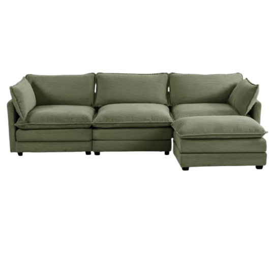 Three-Seater Olive Green Corduroy Modular Sectional Sofa with Ottoman – Plush high-pile fleece upholstery, pet-friendly design, movable ottoman, and customizable layout for modern living spaces.