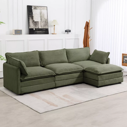Three-Seater Olive Green Corduroy Modular Sectional Sofa with Ottoman – Plush high-pile fleece upholstery, pet-friendly design, movable ottoman, and customizable layout for modern living spaces.