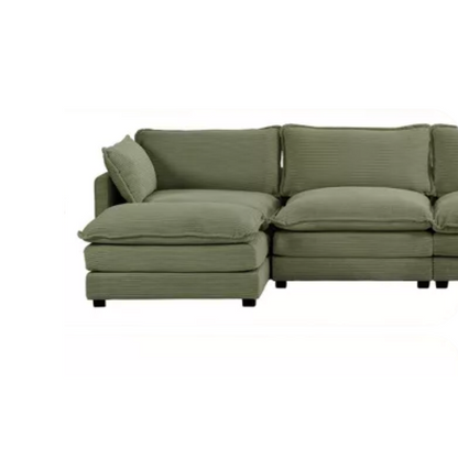 Three-Seater Olive Green Corduroy Modular Sectional Sofa with Ottoman – Plush high-pile fleece upholstery, pet-friendly design, movable ottoman, and customizable layout for modern living spaces.