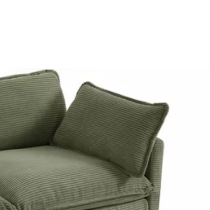 Three-Seater Olive Green Corduroy Modular Sectional Sofa with Ottoman – Plush high-pile fleece upholstery, pet-friendly design, movable ottoman, and customizable layout for modern living spaces.