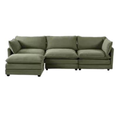 Three-Seater Olive Green Corduroy Modular Sectional Sofa with Ottoman – Plush high-pile fleece upholstery, pet-friendly design, movable ottoman, and customizable layout for modern living spaces.