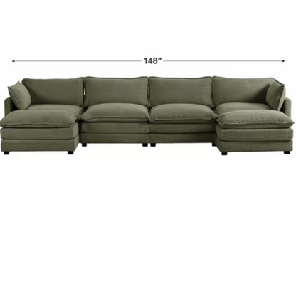 Olive green 4-seat modular sectional sofa with two matching ottomans, upholstered in soft corduroy fabric with high-resilience cushions and a sturdy wood and metal frame.
