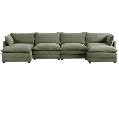 Olive green 4-seat modular sectional sofa with two matching ottomans, upholstered in soft corduroy fabric with high-resilience cushions and a sturdy wood and metal frame.