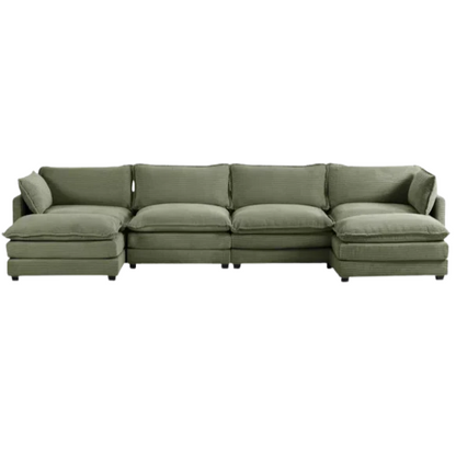 Olive green 4-seat modular sectional sofa with two matching ottomans, upholstered in soft corduroy fabric with high-resilience cushions and a sturdy wood and metal frame.