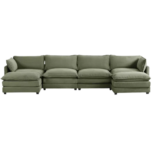 Olive green 4-seat modular sectional sofa with two matching ottomans, upholstered in soft corduroy fabric with high-resilience cushions and a sturdy wood and metal frame.