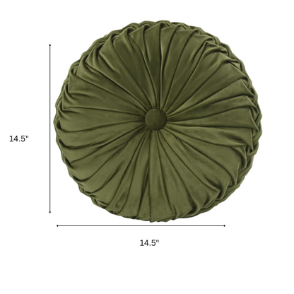 Olive green velvet round throw pillows with hand-pleated detailing and button center, styled on a beige sofa for a warm, inviting look.

