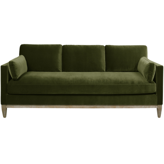 Olive green velvet 3-seater sofa with track arms, feather-down cushions, and natural wood base, ideal for modern and transitional living rooms.


