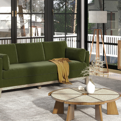 Olive green velvet 3-seater sofa with track arms, feather-down cushions, and natural wood base, ideal for modern and transitional living rooms.

