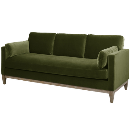 Olive green velvet 3-seater sofa with track arms, feather-down cushions, and natural wood base, ideal for modern and transitional living rooms.


