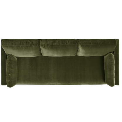 Olive green velvet 3-seater sofa with track arms, feather-down cushions, and natural wood base, ideal for modern and transitional living rooms.

