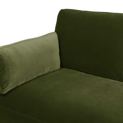 Olive green velvet 3-seater sofa with track arms, feather-down cushions, and natural wood base, ideal for modern and transitional living rooms.

