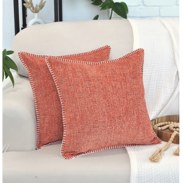 Set of 2 orange chenille throw pillow covers with hidden zippers and soft velvet-like texture – 20x20 inch reversible cushion covers for sofas, beds, and vibrant home decor accents