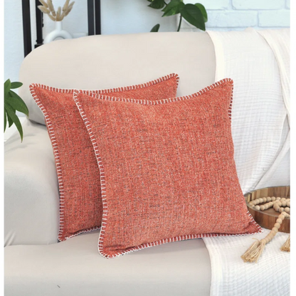 Set of 2 orange chenille throw pillow covers with hidden zippers and soft velvet-like texture – 20x20 inch reversible cushion covers for sofas, beds, and vibrant home decor accents