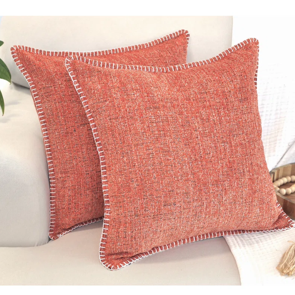Set of 2 orange chenille throw pillow covers with hidden zippers and soft velvet-like texture – 20x20 inch reversible cushion covers for sofas, beds, and vibrant home decor accents