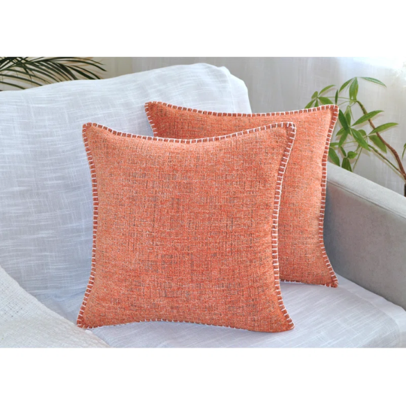 Set of 2 orange chenille throw pillow covers with hidden zippers and soft velvet-like texture – 20x20 inch reversible cushion covers for sofas, beds, and vibrant home decor accents