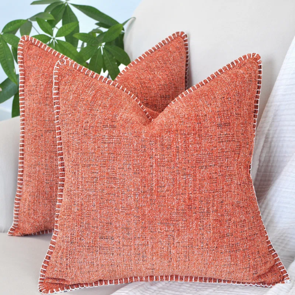 Set of 2 orange chenille throw pillow covers with hidden zippers and soft velvet-like texture – 20x20 inch reversible cushion covers for sofas, beds, and vibrant home decor accents