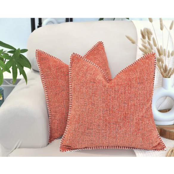 Set of 2 orange chenille throw pillow covers with hidden zippers and soft velvet-like texture – 20x20 inch reversible cushion covers for sofas, beds, and vibrant home decor accents