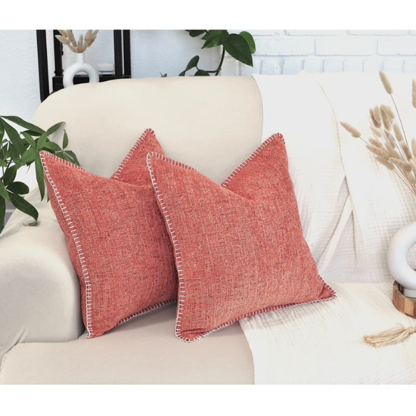 Set of 2 orange chenille throw pillow covers with hidden zippers and soft velvet-like texture – 20x20 inch reversible cushion covers for sofas, beds, and vibrant home decor accents