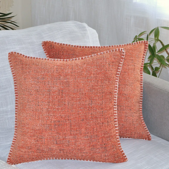 Set of 2 orange chenille throw pillow covers with hidden zippers and soft velvet-like texture – 20x20 inch reversible cushion covers for sofas, beds, and vibrant home decor accents