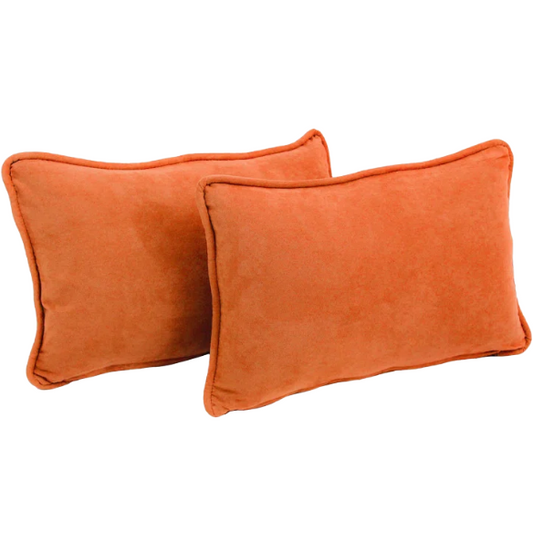 Orange microsuede lumbar throw pillow set of 2 with piped edges – decorative rectangular cushions for bed, sofa, or lounge chairs