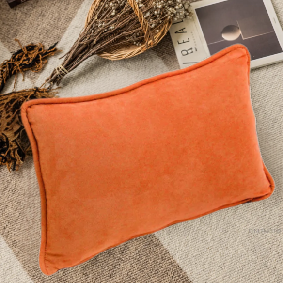 Orange microsuede lumbar throw pillow set of 2 with piped edges – decorative rectangular cushions for bed, sofa, or lounge chairs