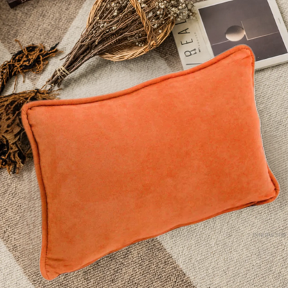 Orange microsuede lumbar throw pillow set of 2 with piped edges – decorative rectangular cushions for bed, sofa, or lounge chairs