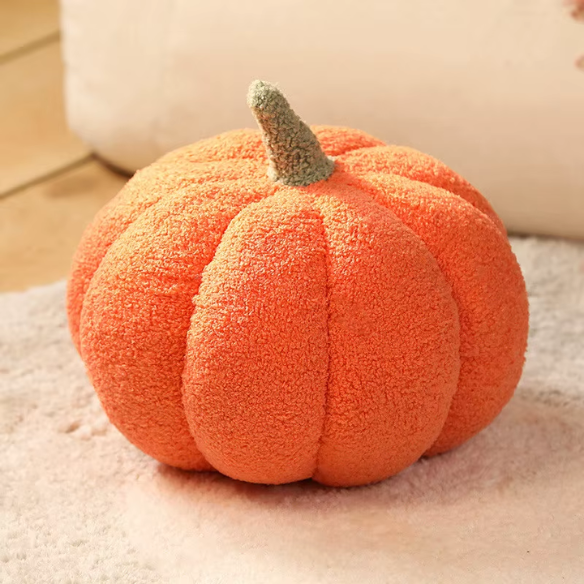 Orange plush pumpkin throw pillow – soft 3D decorative cushion for fall, Halloween, and Thanksgiving home décor