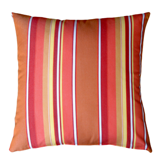 Striped accent pillow in vibrant orange, red, yellow, and white – reversible, weather-resistant, and overstuffed with polyester fill for indoor or outdoor use.

