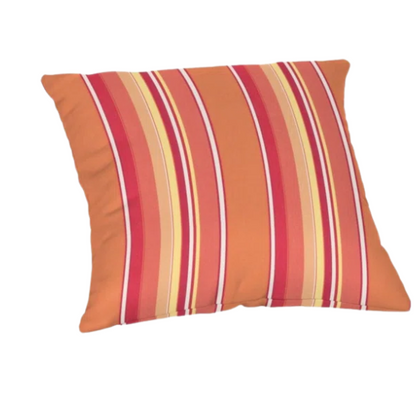 Striped accent pillow in vibrant orange, red, yellow, and white – reversible, weather-resistant, and overstuffed with polyester fill for indoor or outdoor use.

