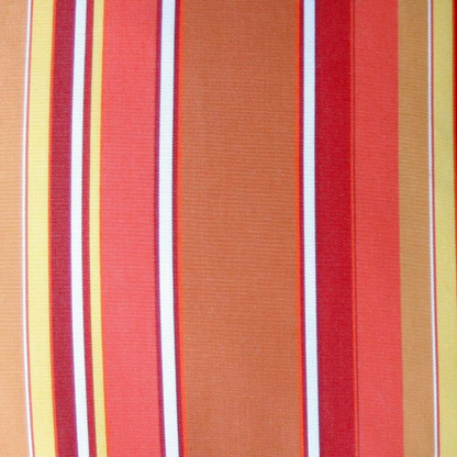 Striped accent pillow in vibrant orange, red, yellow, and white – reversible, weather-resistant, and overstuffed with polyester fill for indoor or outdoor use.

