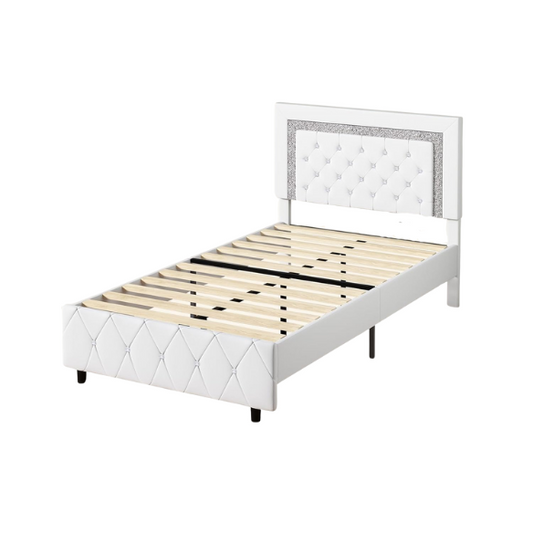 Elegant pearlized white twin bed frame with crystal-tufted headboard, faux leather upholstery, and no box spring required.

