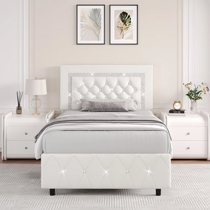 Elegant pearlized white twin bed frame with crystal-tufted headboard, faux leather upholstery, and no box spring required.


