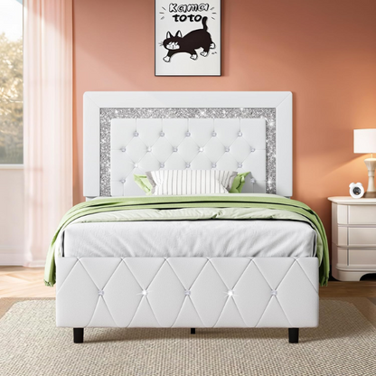 Elegant pearlized white twin bed frame with crystal-tufted headboard, faux leather upholstery, and no box spring required.


