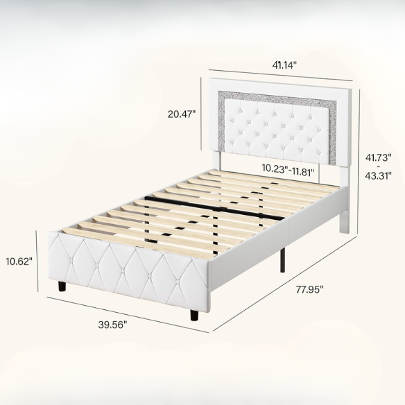 Elegant pearlized white twin bed frame with crystal-tufted headboard, faux leather upholstery, and no box spring required.

