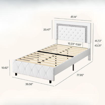 Elegant pearlized white twin bed frame with crystal-tufted headboard, faux leather upholstery, and no box spring required.

