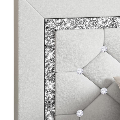 Elegant pearlized white twin bed frame with crystal-tufted headboard, faux leather upholstery, and no box spring required.

