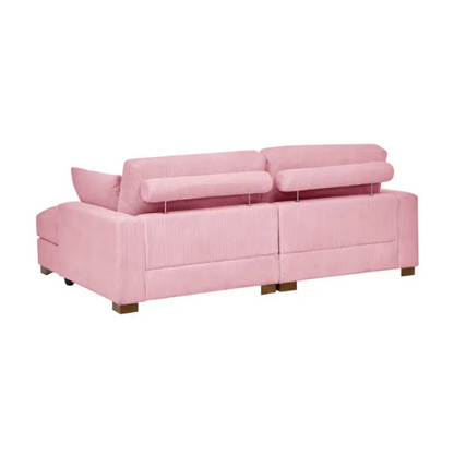 Pink corduroy convertible sleeper sofa with adjustable headrest, twin bed functionality, and mid-century wood legs