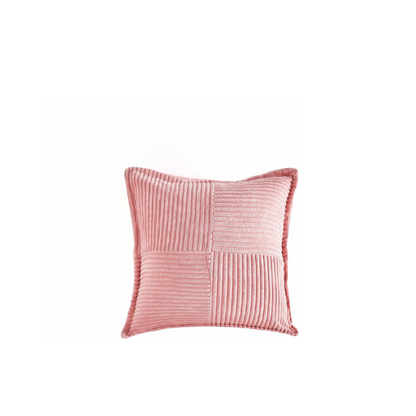 Pink corduroy pillow cover with modern geometric striped pattern, eco-friendly, machine washable, suitable for sofas, bedrooms, offices, and outdoor patios.