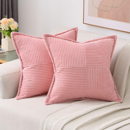 Pink corduroy pillow cover with modern geometric striped pattern, eco-friendly, machine washable, suitable for sofas, bedrooms, offices, and outdoor patios.