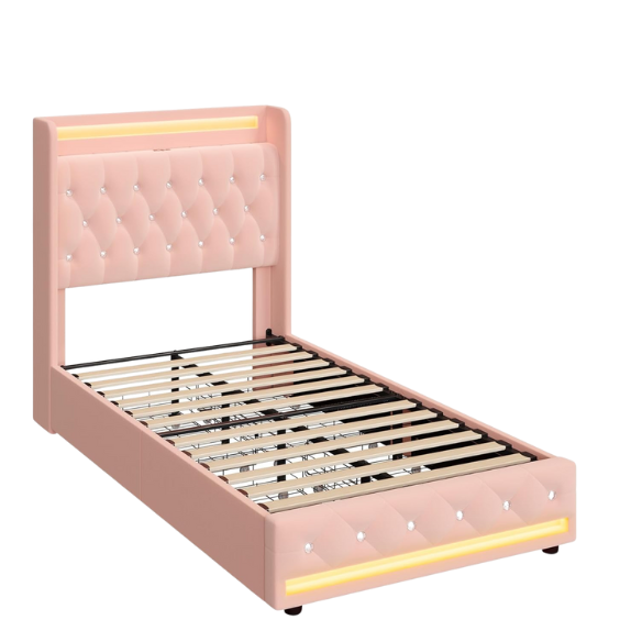 Pink velvet twin bed with LED-lit tufted headboard, crystal buttons, USB charging ports, and underbed storage drawers