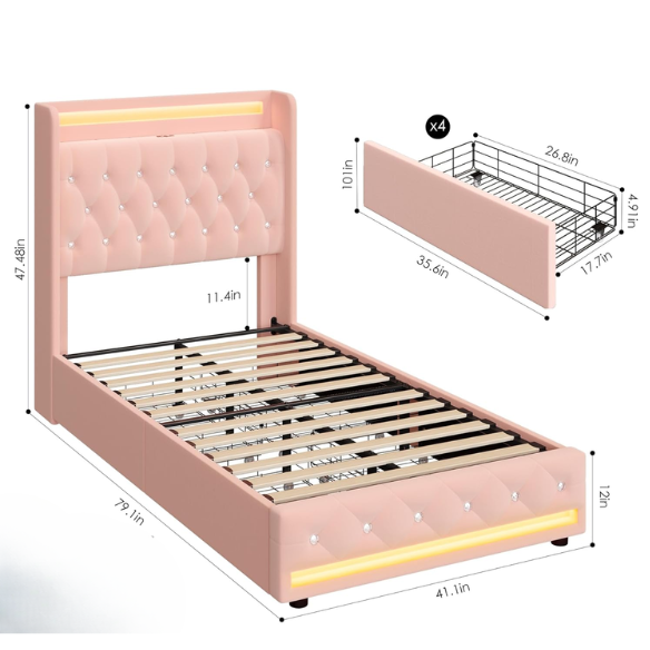 Pink velvet twin bed with LED-lit tufted headboard, crystal buttons, USB charging ports, and underbed storage drawers